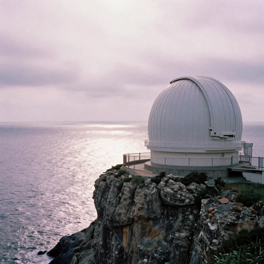a cliffside observatory under overcast coastal light, soft-grain analog film photography, gentle reflected light, lavend