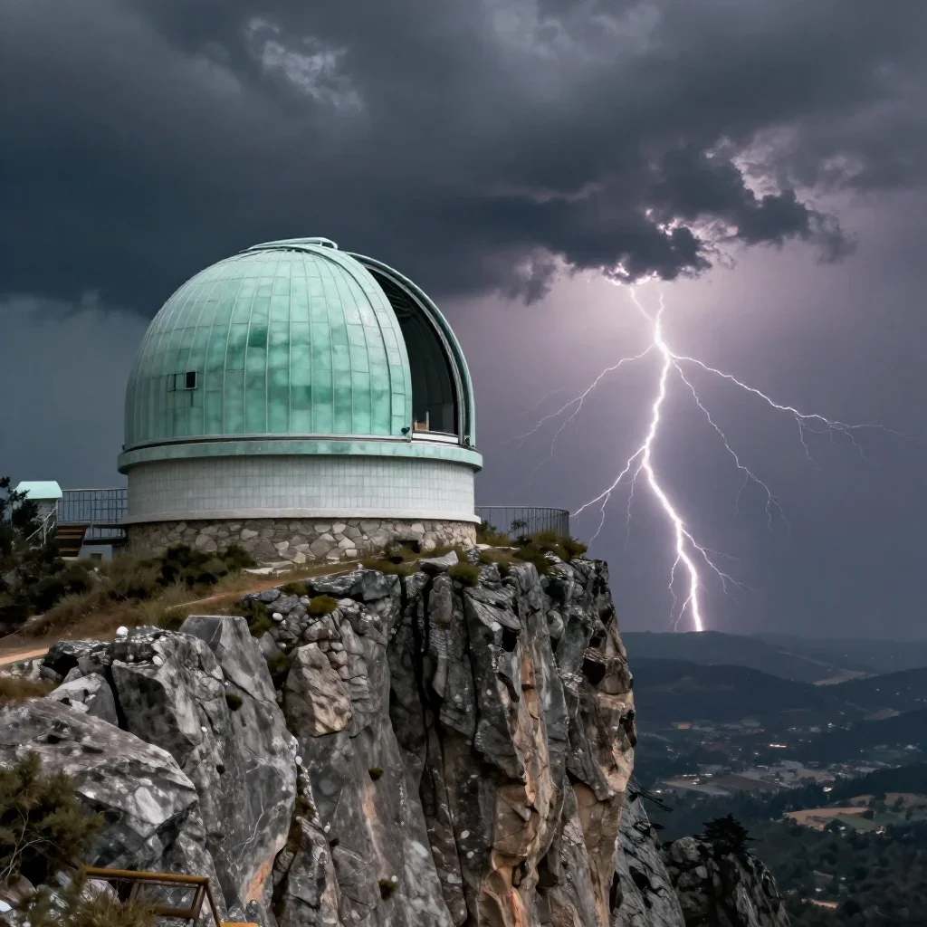 a cliffside observatory after a distant thunderstorm, dreamlike fine-art landscape photography, crisp material detail, j