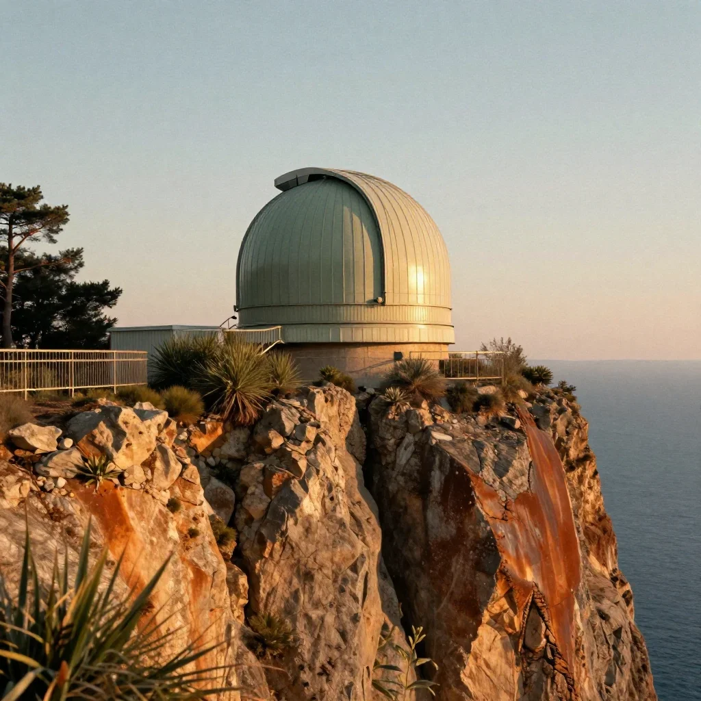 a cliffside observatory during golden hour, contemporary botanical illustration, subtle film grain, rust and sage palett
