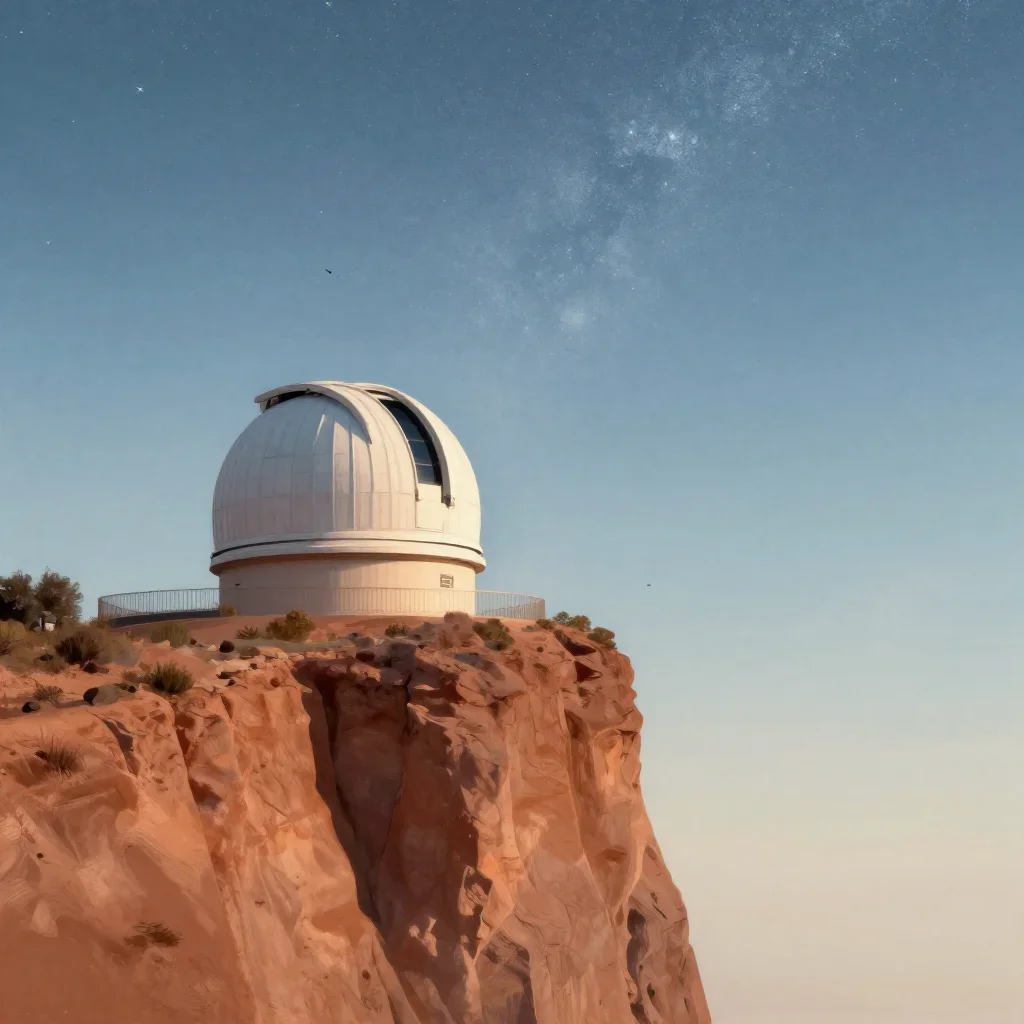 a cliffside observatory beneath a star-filled sky, modernist poster illustration, gentle reflected light, terracotta and