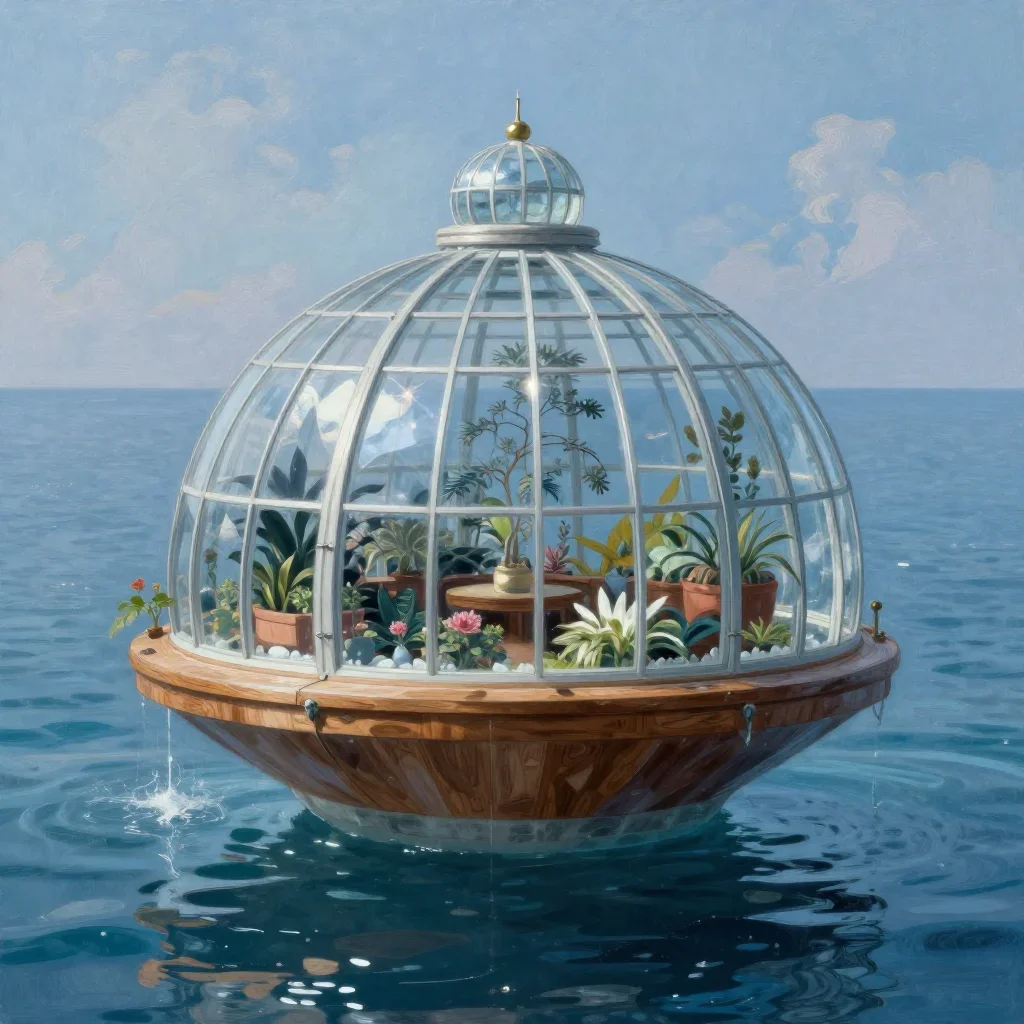 a floating botanical conservatory in a gentle sea breeze, quiet science-fiction concept art, calm negative space, ice bl