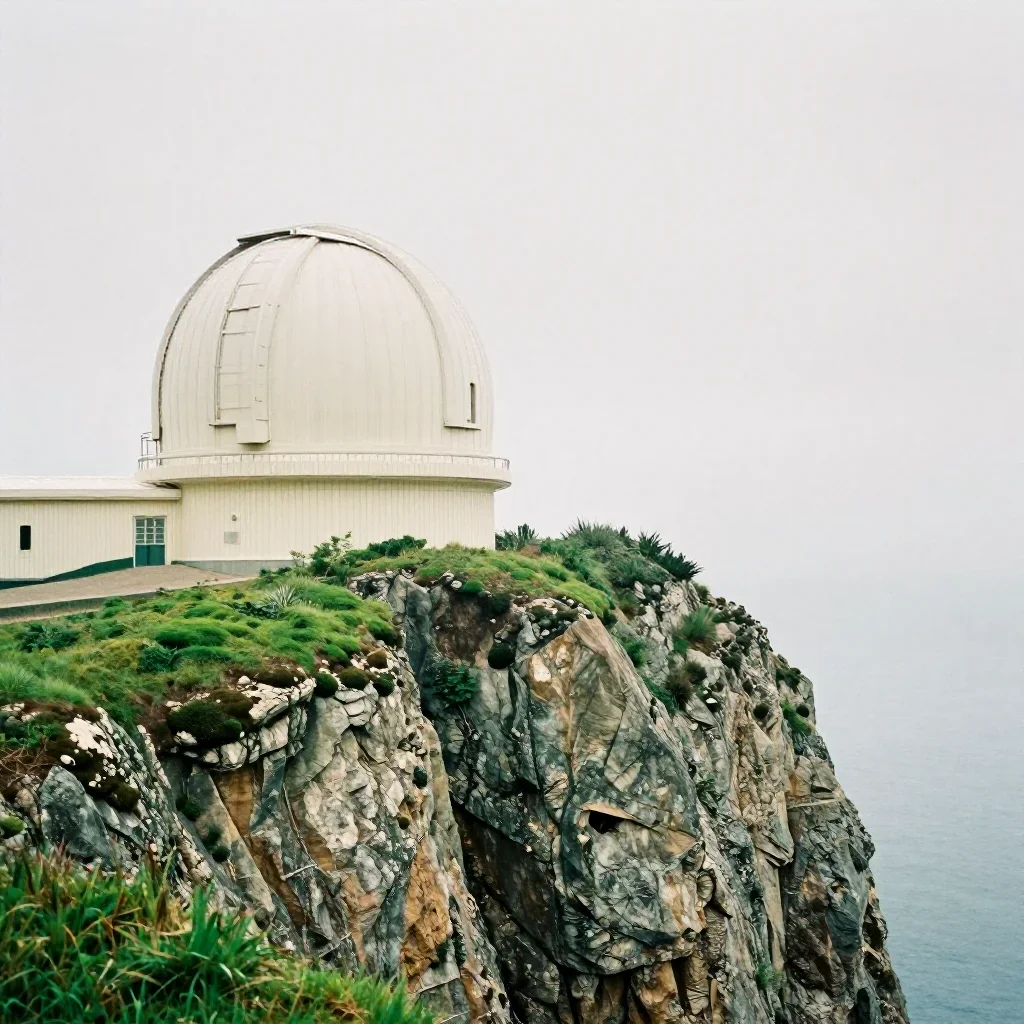 a cliffside observatory under overcast coastal light, soft-grain analog film photography, soft volumetric light, moss gr