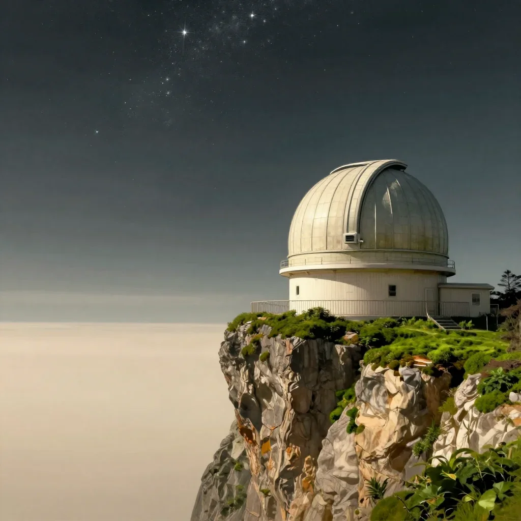 a cliffside observatory beneath a star-filled sky, quiet science-fiction concept art, calm negative space, moss green an