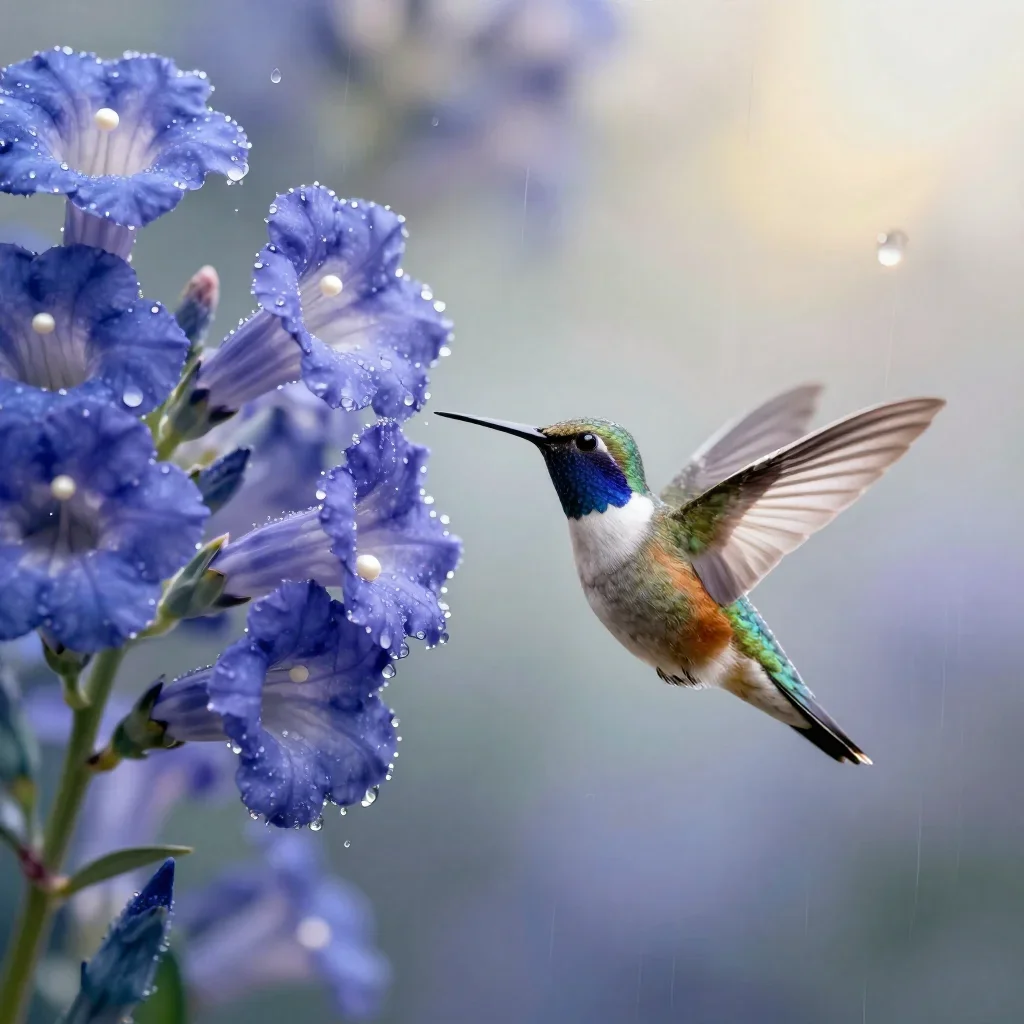 a hummingbird beside trumpet flowers after warm summer rain, quiet science-fiction concept art, soft volumetric light, i