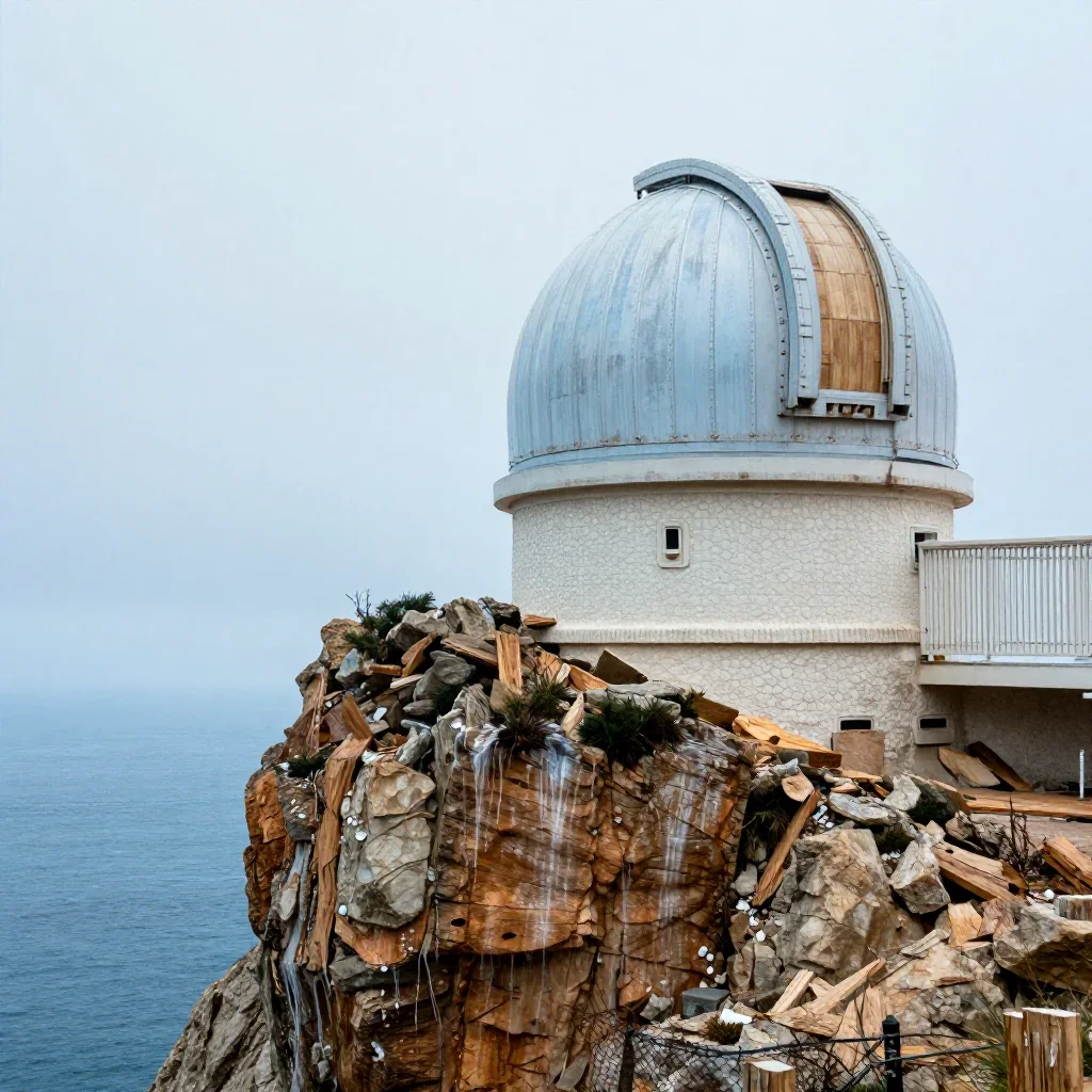 a cliffside observatory under overcast coastal light, refined editorial travel photography, weathered tactile surfaces, 