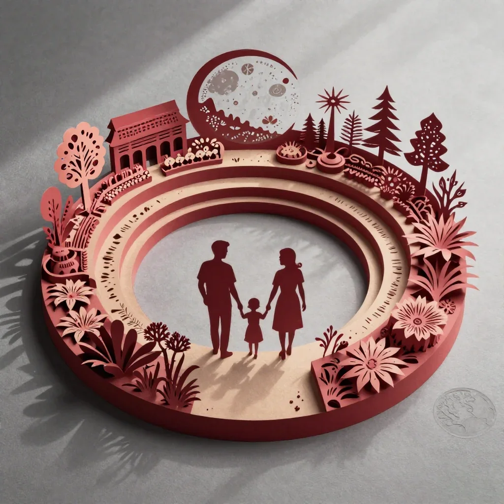 a ring habitat with terraced gardens at moonrise, intricate paper-cut illustration, clean natural textures, garnet and w