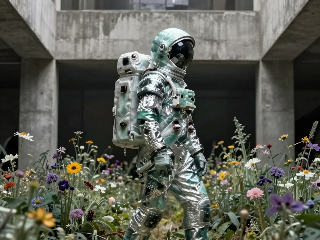 an astronaut in a reflective bodysuit among wildflowers in a dramatic three-quarter profile, in a brutalist concrete atr
