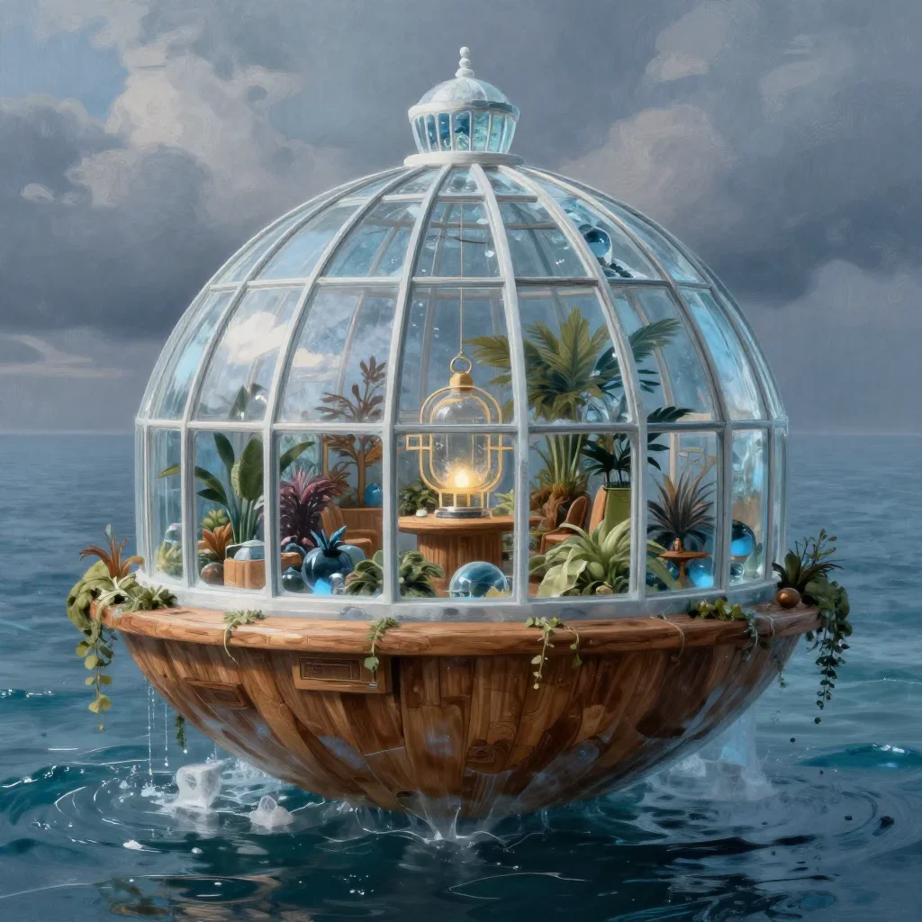a floating botanical conservatory in a gentle sea breeze, quiet science-fiction concept art, atmospheric depth, ice blue