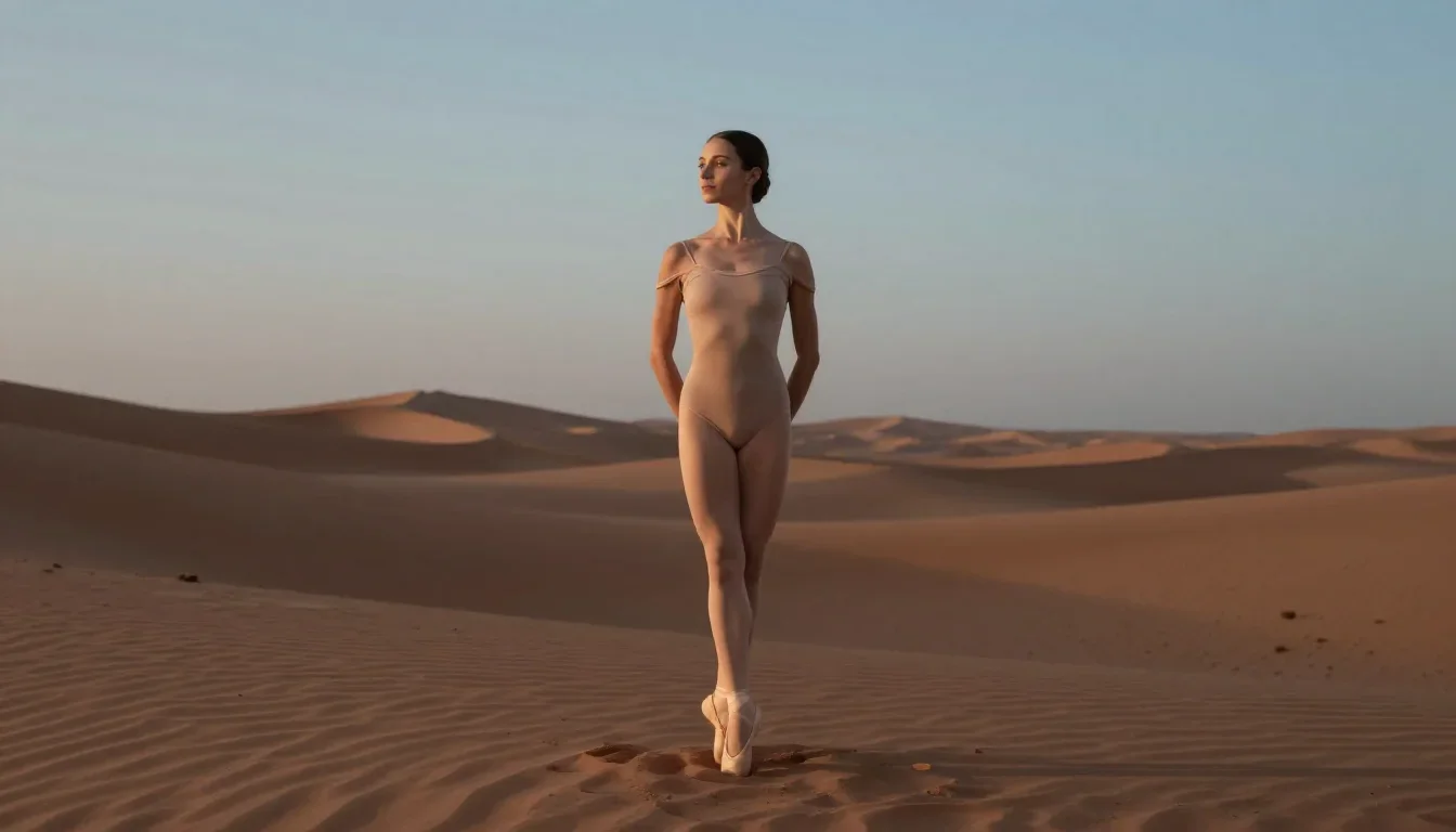 a ballet dancer in a bare-shoulder leotard, mid-extension standing tall with hands in pockets, in a silent desert at twi