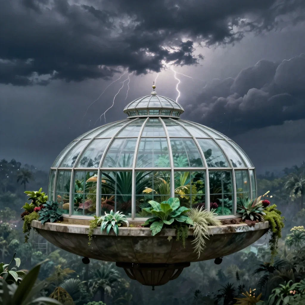 a floating botanical conservatory after a distant thunderstorm, dreamlike fine-art landscape photography, atmospheric de