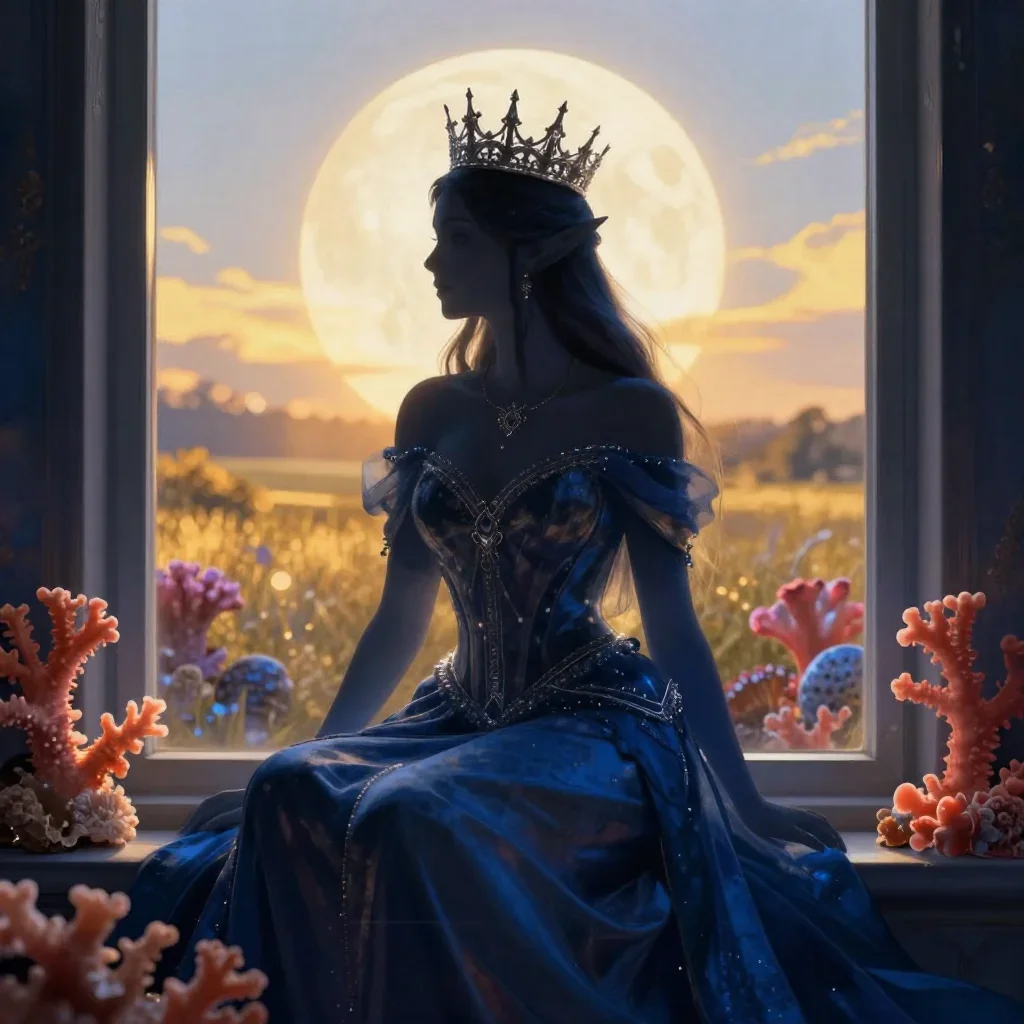 an elven queen in a moonlit silver crown in a seated silhouette against a window, in a backlit golden-hour field, dreaml