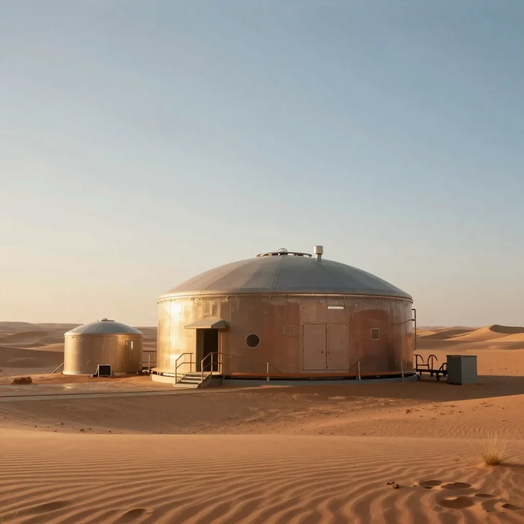 a desert research station during golden hour, quiet science-fiction concept art, soft volumetric light, terracotta and p