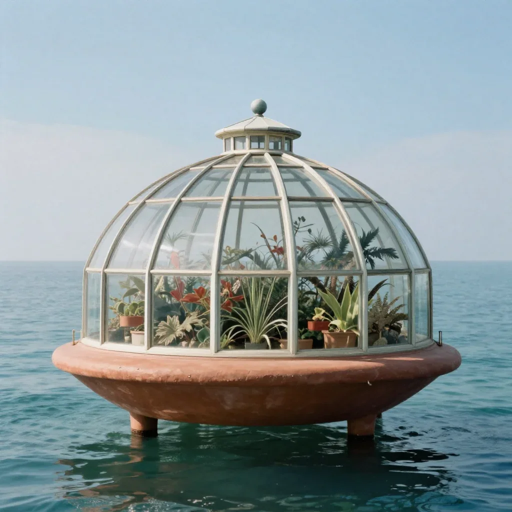 a floating botanical conservatory in a gentle sea breeze, quiet science-fiction concept art, subtle film grain, terracot