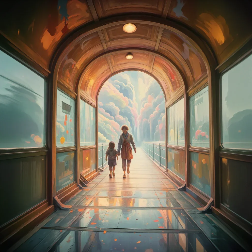 a glass monorail station under diffused skylight, luminous gouache painting, gentle reflected light, rust and sage palet