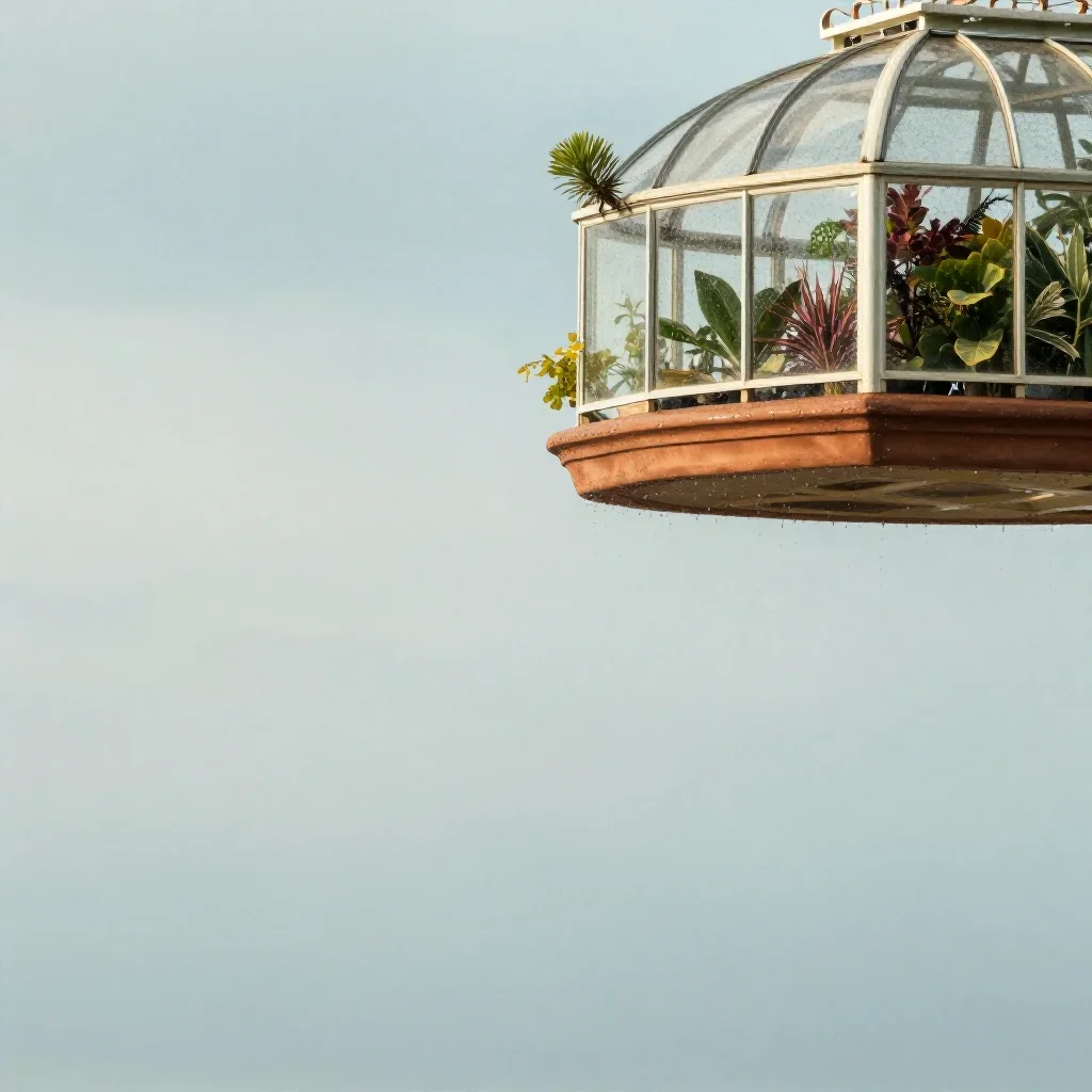 a floating botanical conservatory after warm summer rain, high-end design magazine photography, calm negative space, ter