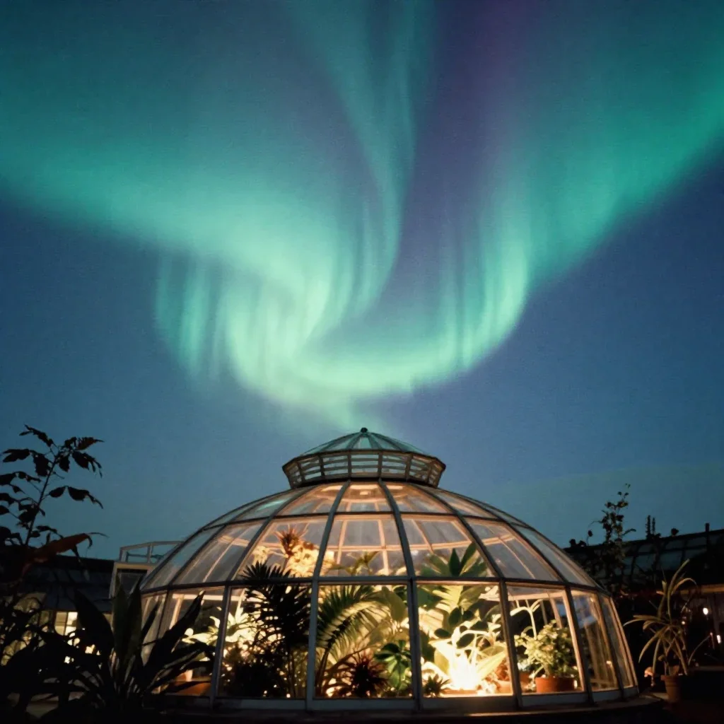 a floating botanical conservatory beneath an aurora, soft-grain analog film photography, subtle film grain, cobalt and a