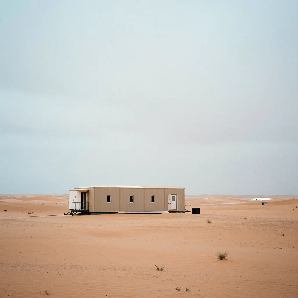 a desert research station under overcast coastal light, refined editorial travel photography, subtle film grain, terraco