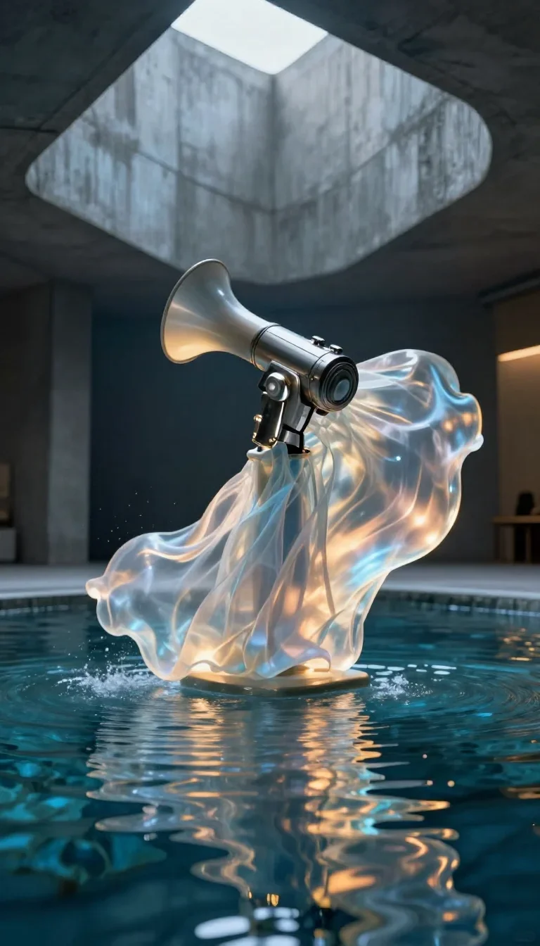 a siren at the waterline in a translucent slip mid-turn with fabric catching the light, in a brutalist concrete atrium, 