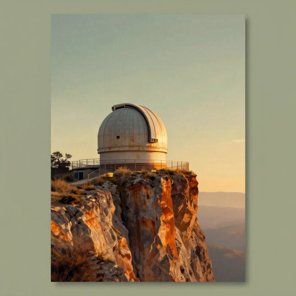 a cliffside observatory during golden hour, modernist poster illustration, subtle film grain, rust and sage palette, no 