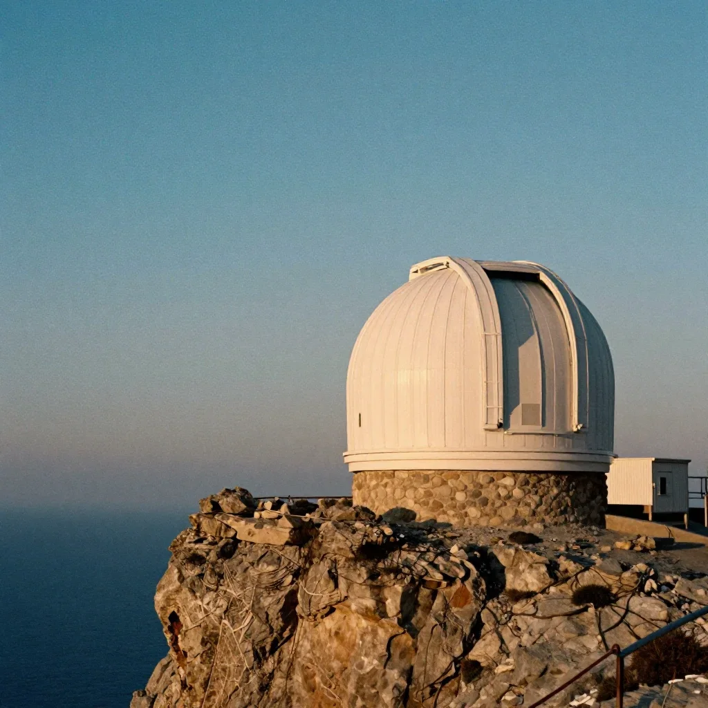 a cliffside observatory at moonrise, soft-grain analog film photography, subtle film grain, cobalt and amber palette, no