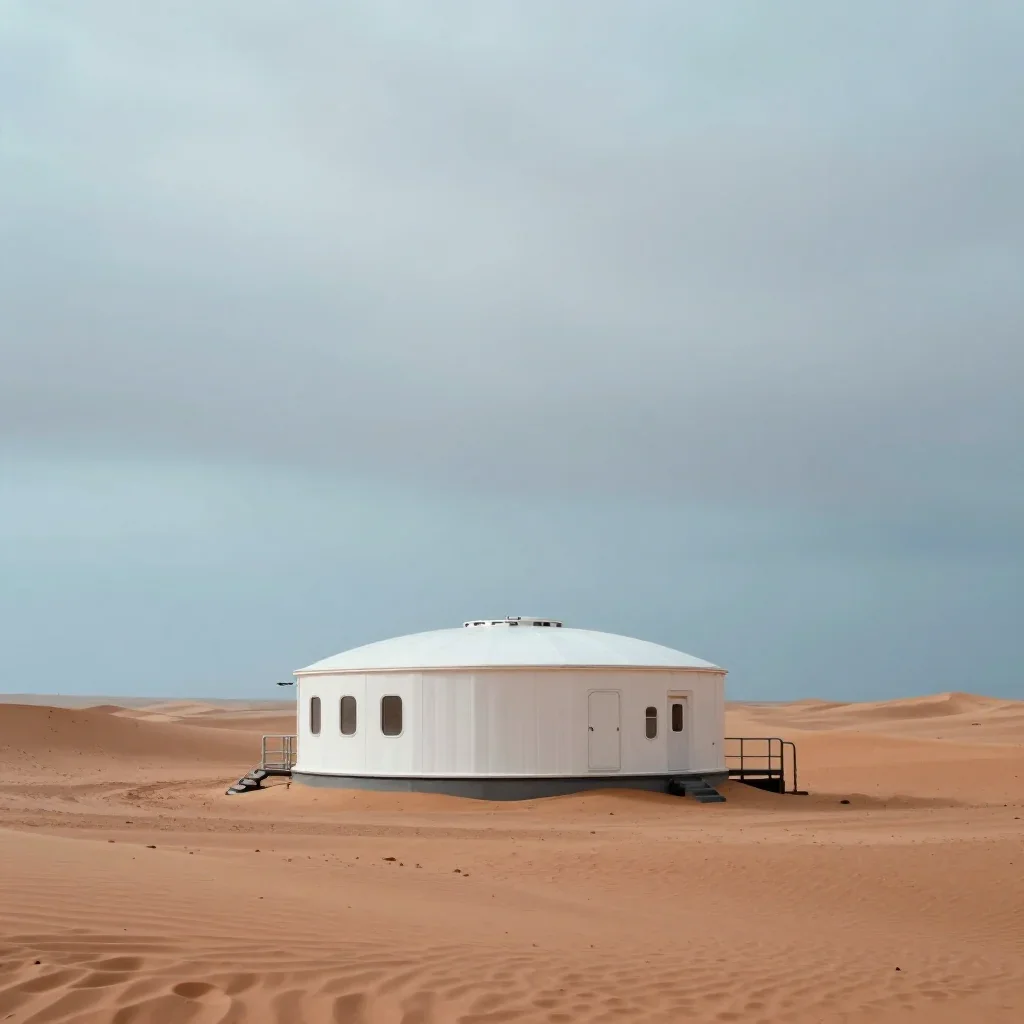 a desert research station under overcast coastal light, high-end design magazine photography, soft volumetric light, ter