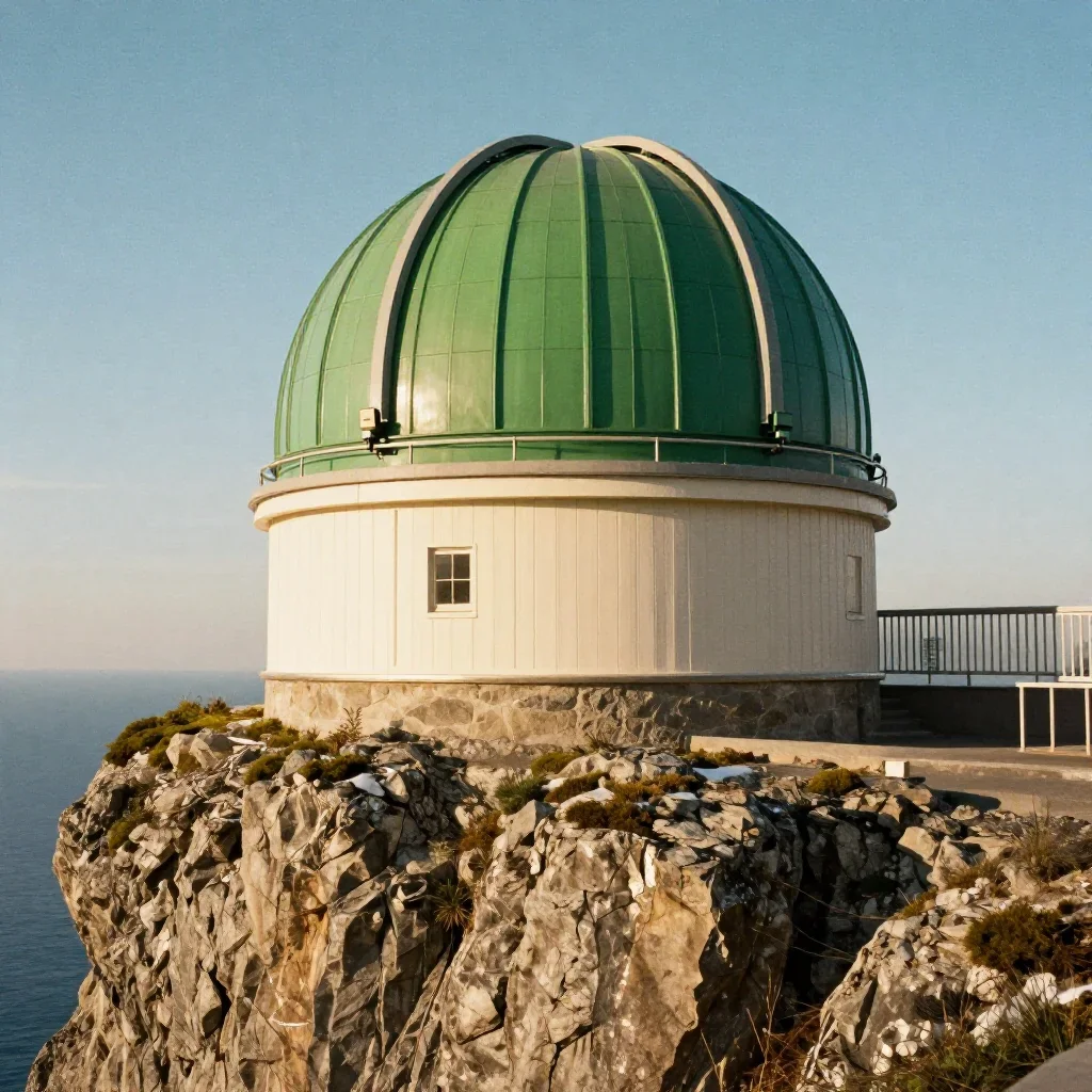 a cliffside observatory in crisp winter sunlight, cinematic architectural photography, subtle film grain, moss green and