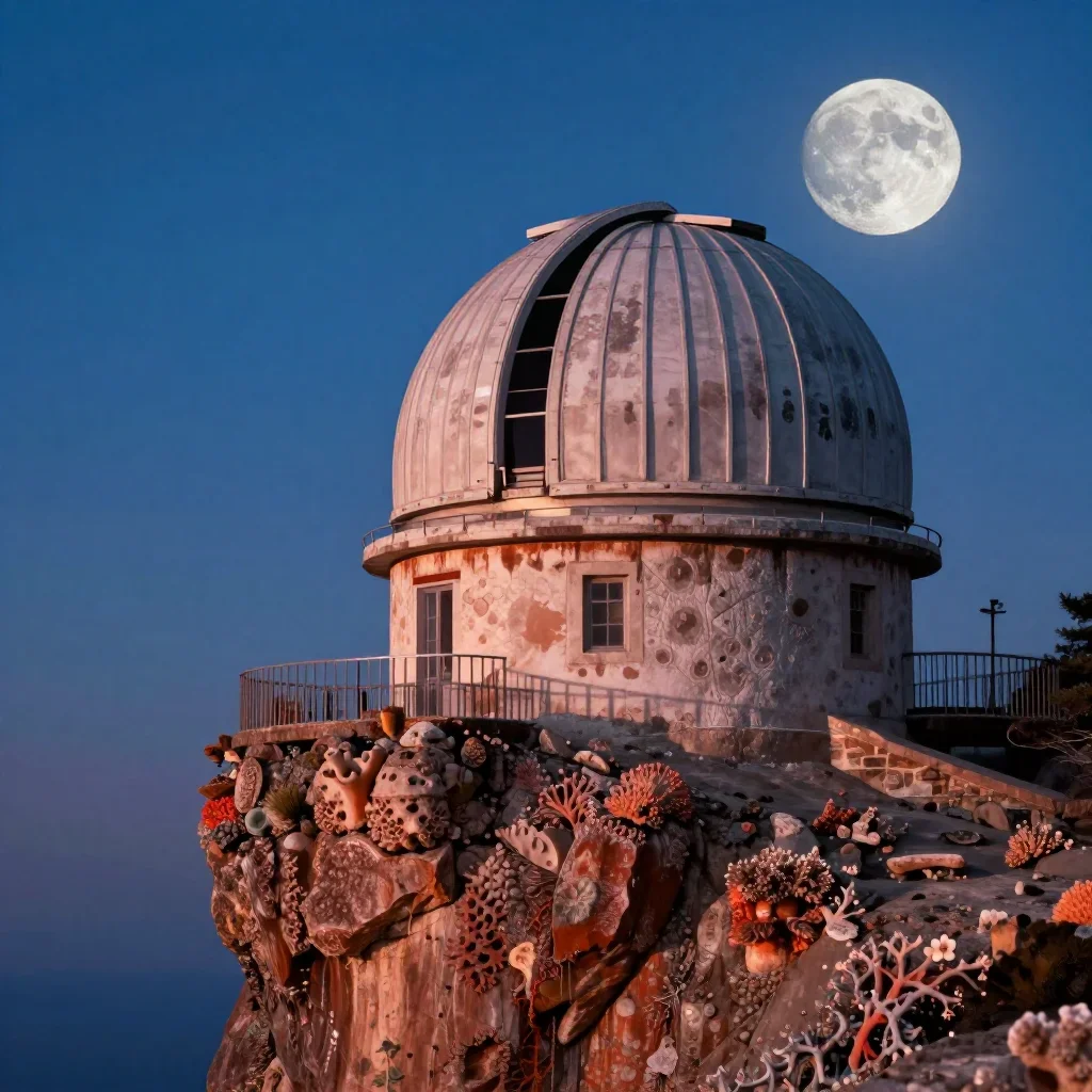 a cliffside observatory at moonrise, cinematic architectural photography, weathered tactile surfaces, coral and midnight