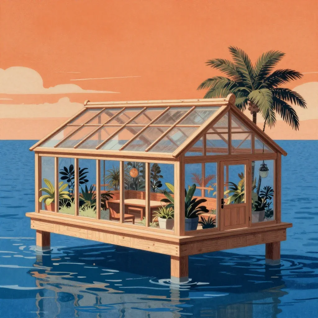 a floating botanical conservatory in a gentle sea breeze, Japanese woodblock-inspired editorial art, clean natural textu