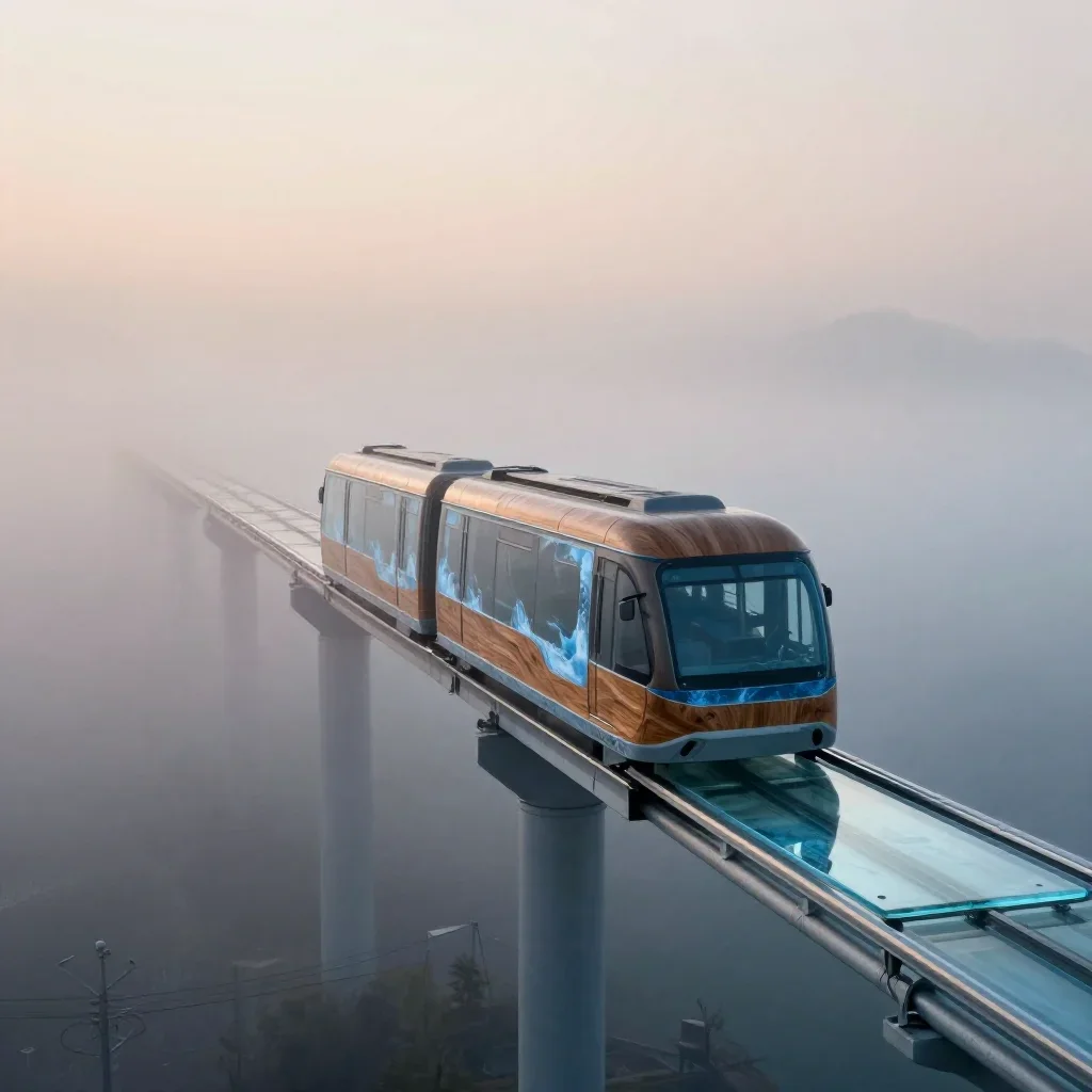 a glass monorail under soft dawn fog, quiet science-fiction concept art, weathered tactile surfaces, ice blue and warm c