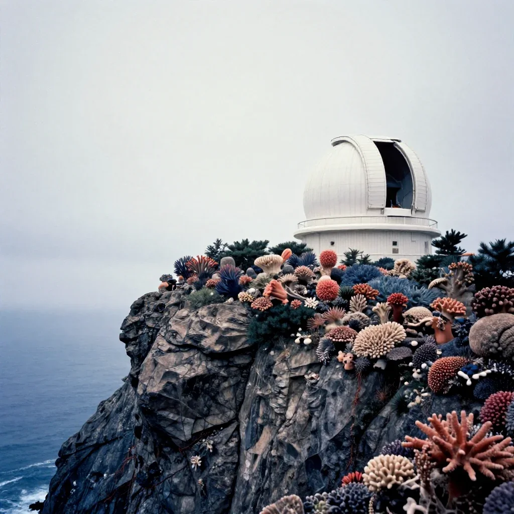 a cliffside observatory under overcast coastal light, soft-grain analog film photography, soft volumetric light, coral a