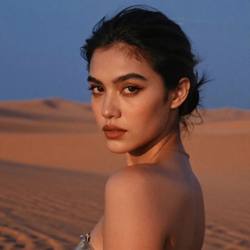 a striking woman with a smoldering over-the-shoulder gaze in a coy glance from under lowered lashes, in a silent desert
