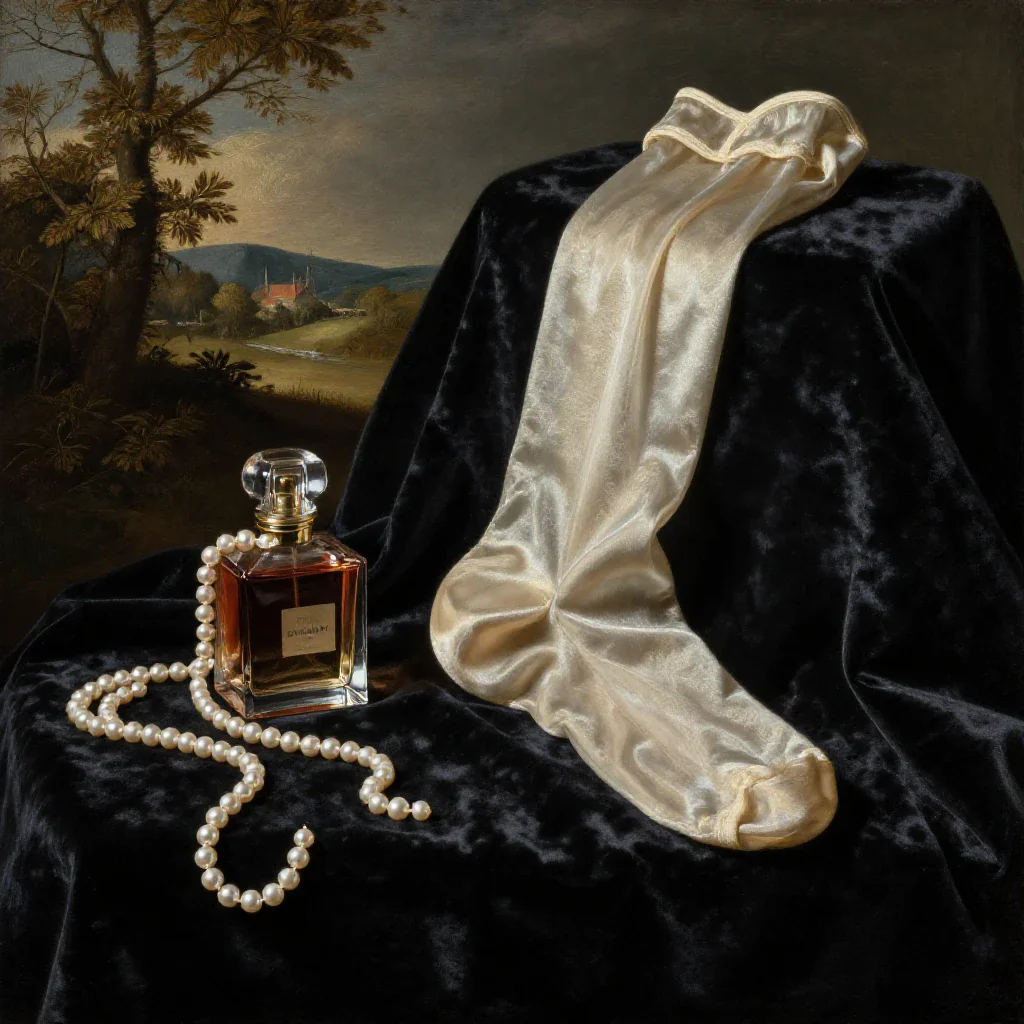 Velvet boudoir still life: pearls, perfume, silk stockings, painterly, Flemish masters color