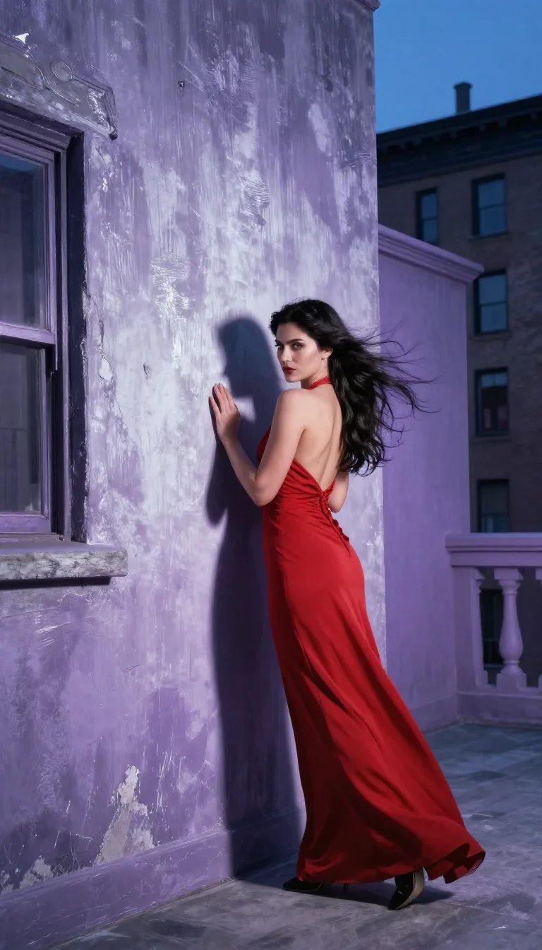 a femme fatale in a crimson backless gown in a wind-swept lean against a wall, in a blue-hour city apartment, Vogue-styl