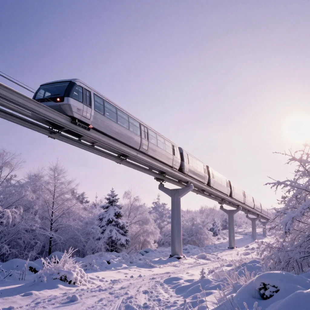 a glass monorail in crisp winter sunlight, dreamlike fine-art landscape photography, subtle film grain, lavender and sil