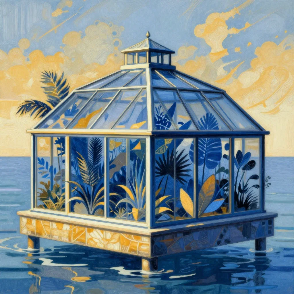 a floating botanical conservatory in a gentle sea breeze, contemporary botanical illustration, careful geometric composi