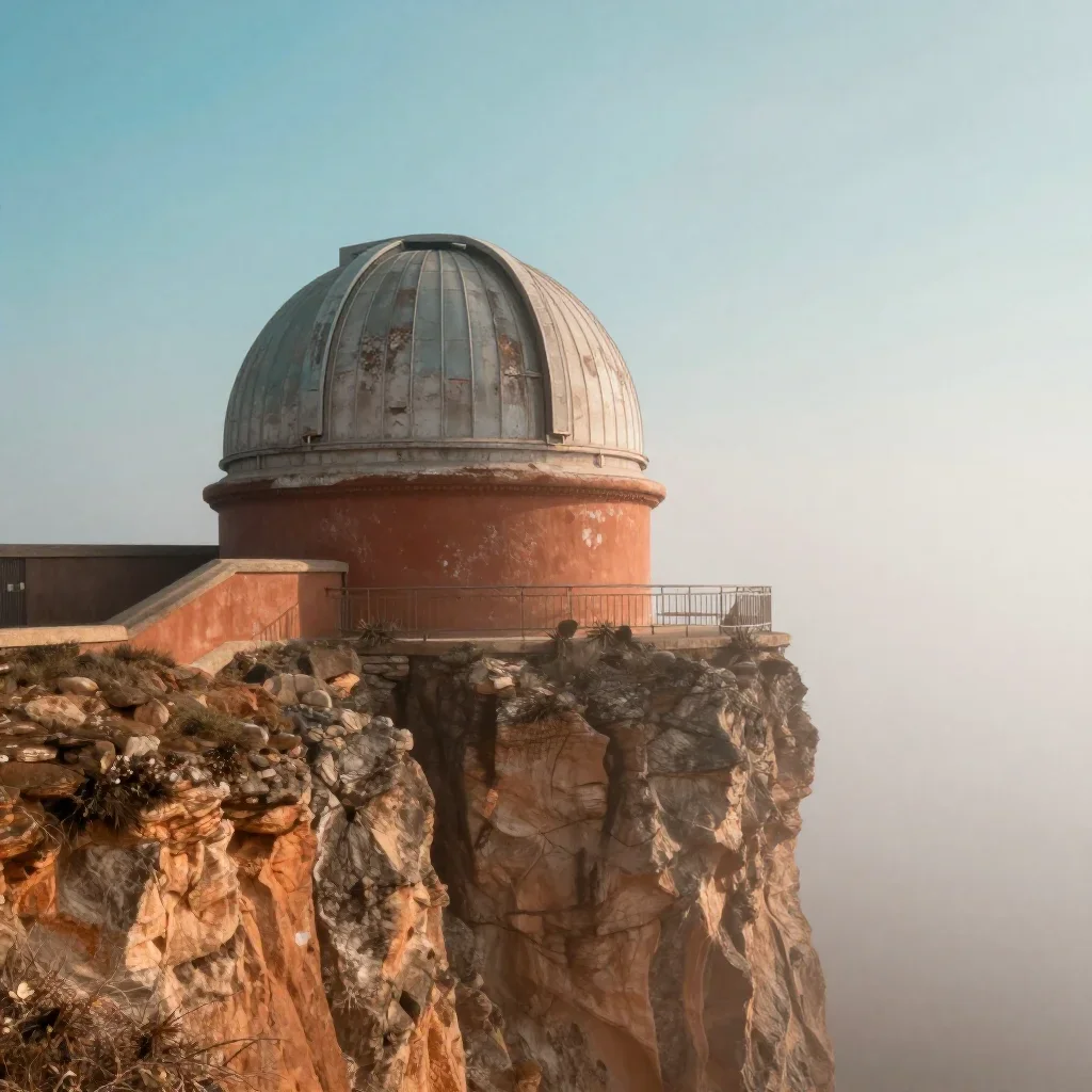 a cliffside observatory in early spring mist, dreamlike fine-art landscape photography, weathered tactile surfaces, terr