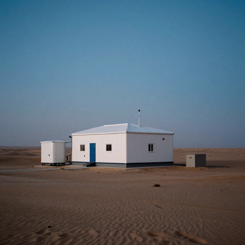 a desert research station in quiet late-afternoon haze, refined editorial travel photography, subtle film grain, indigo
