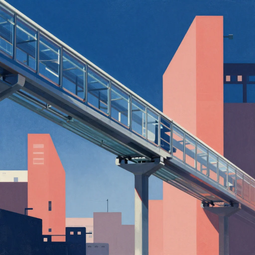 a glass monorail in crisp winter sunlight, modernist poster illustration, careful geometric composition, coral and midni