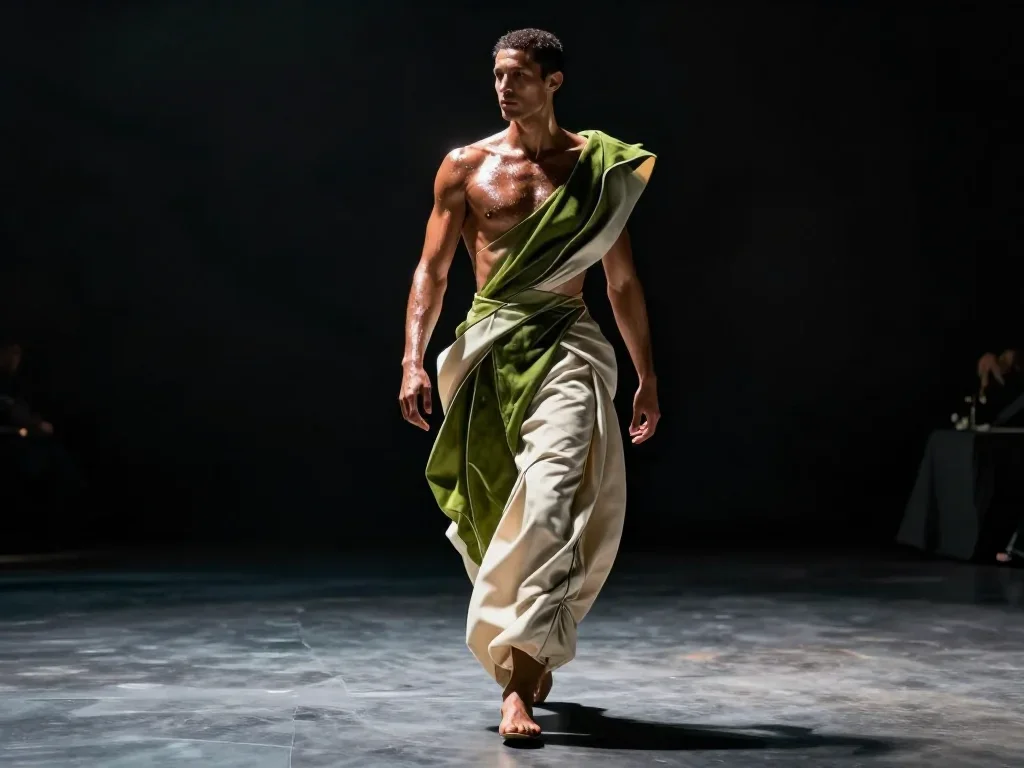 a chiseled athlete in dramatic rim light, oiled skin in a confident cinematic stride, on a midnight dance floor, futuris