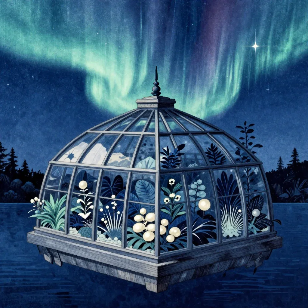 a floating botanical conservatory beneath an aurora, Japanese woodblock-inspired editorial art, careful geometric compos
