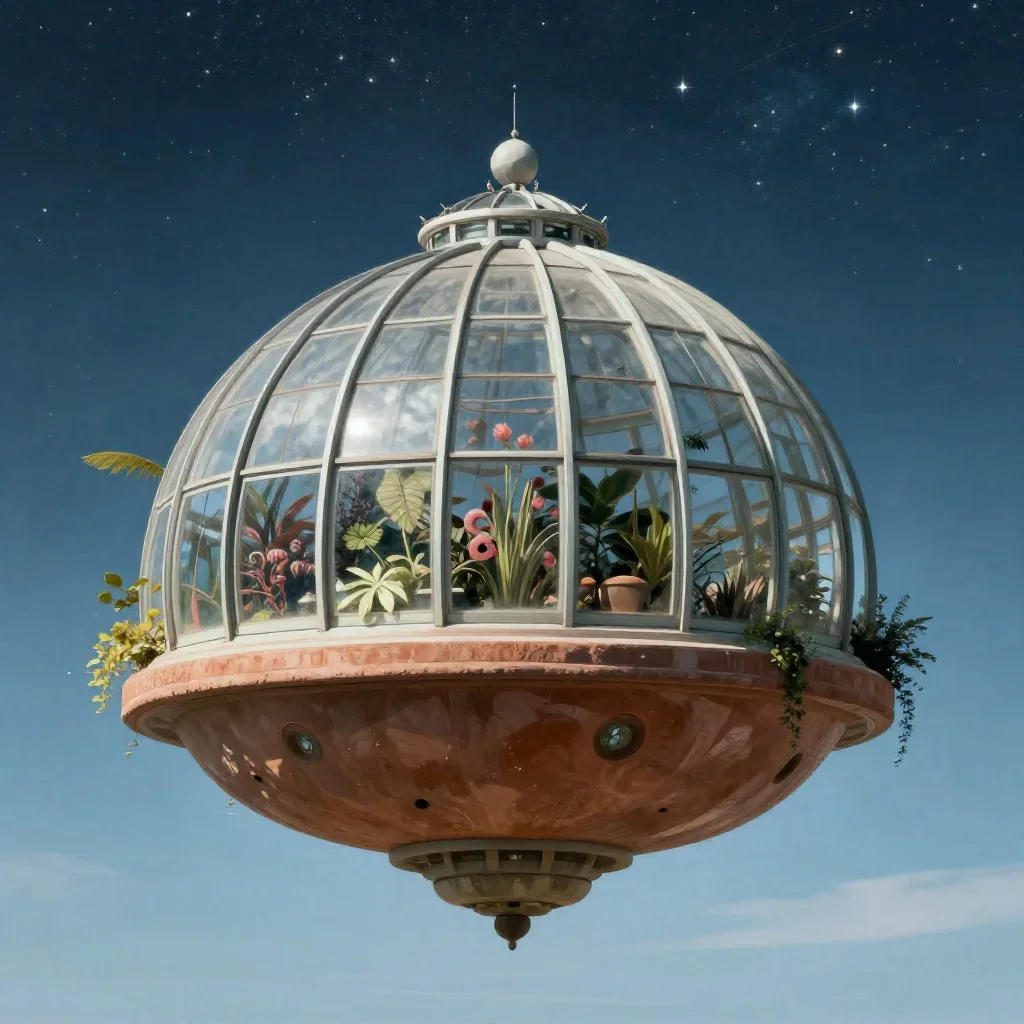 a floating botanical conservatory beneath a star-filled sky, quiet science-fiction concept art, atmospheric depth, terra