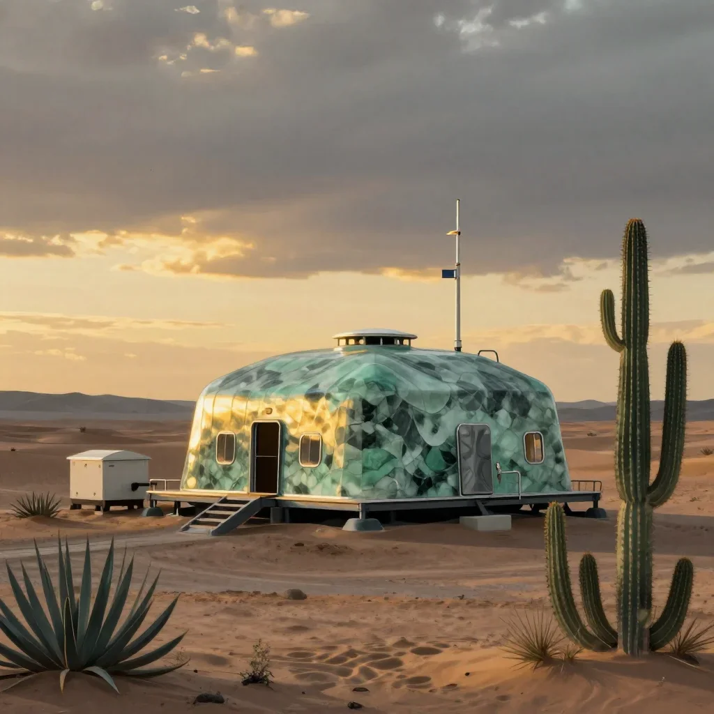 a desert research station during golden hour, contemporary botanical illustration, gentle reflected light, jade and char