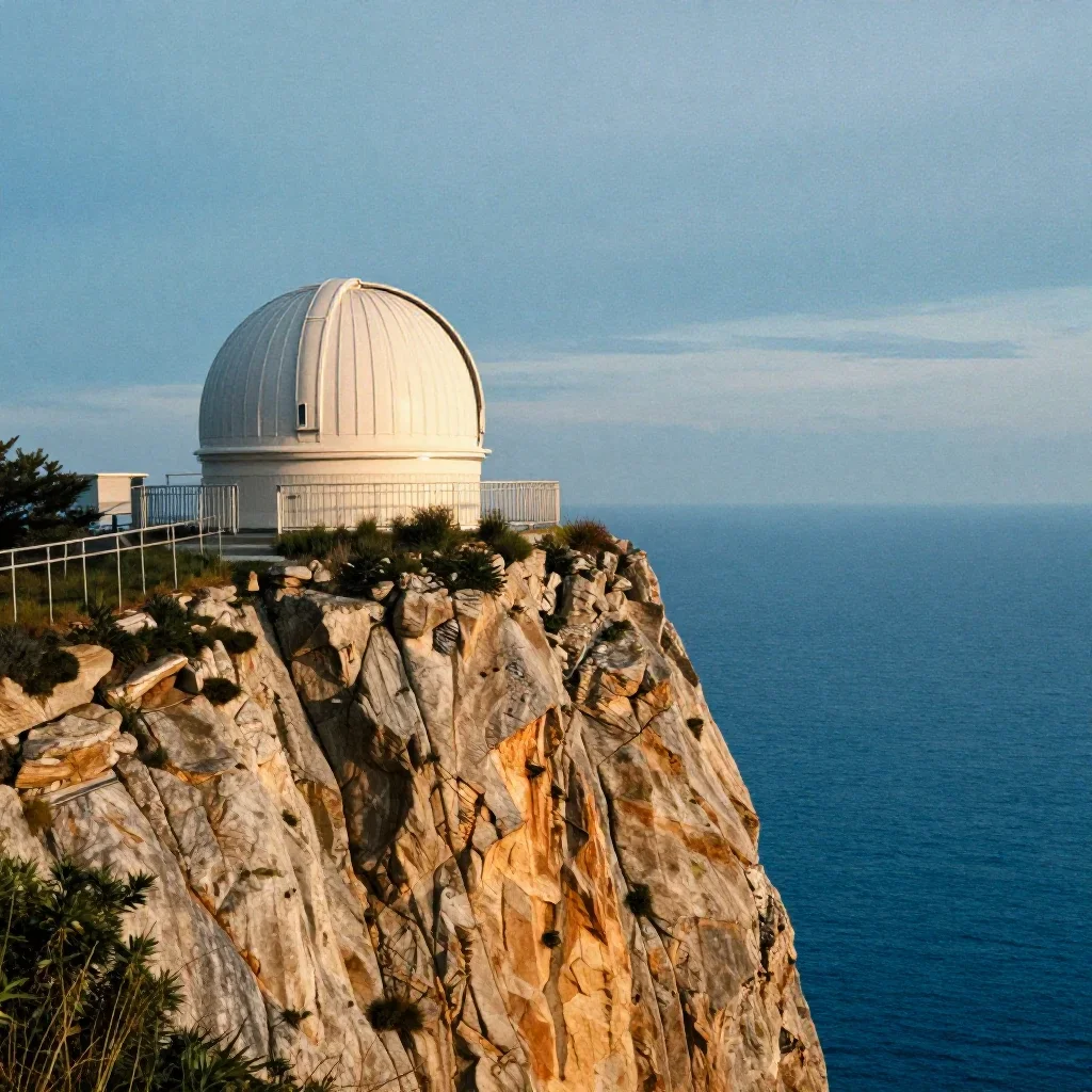 a cliffside observatory after warm summer rain, dreamlike fine-art landscape photography, subtle film grain, cobalt and 
