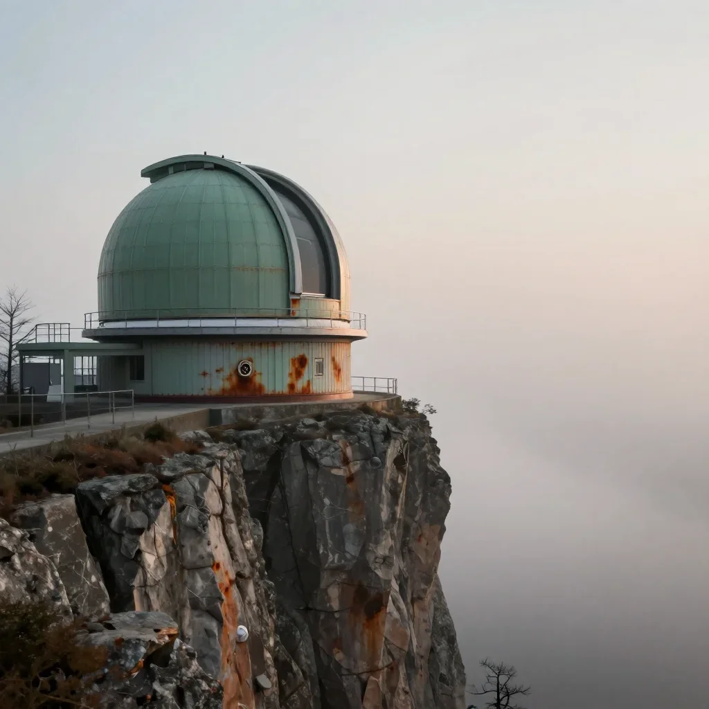 a cliffside observatory under soft dawn fog, quiet science-fiction concept art, crisp material detail, rust and sage pal