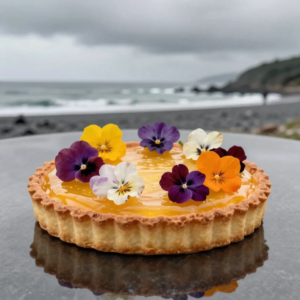 a citrus tart with edible flowers under overcast coastal light, Japanese woodblock-inspired editorial art, gentle reflec