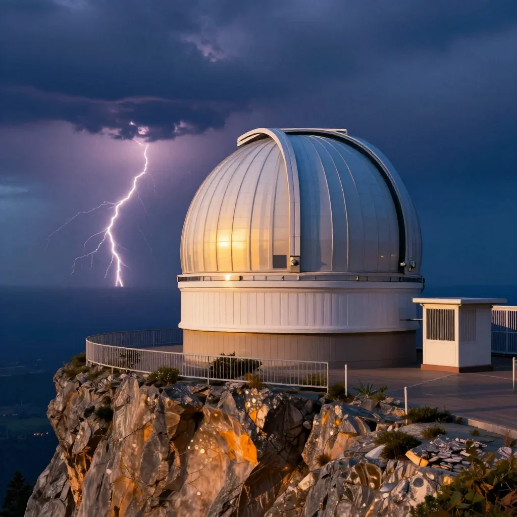 a cliffside observatory after a distant thunderstorm, museum-quality still-life photography, careful geometric compositi