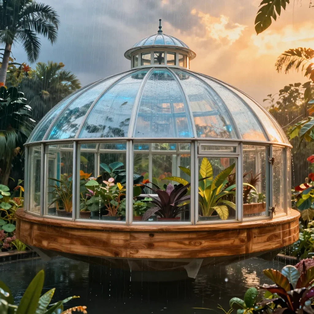 a floating botanical conservatory after warm summer rain, cinematic architectural photography, clean natural textures, i