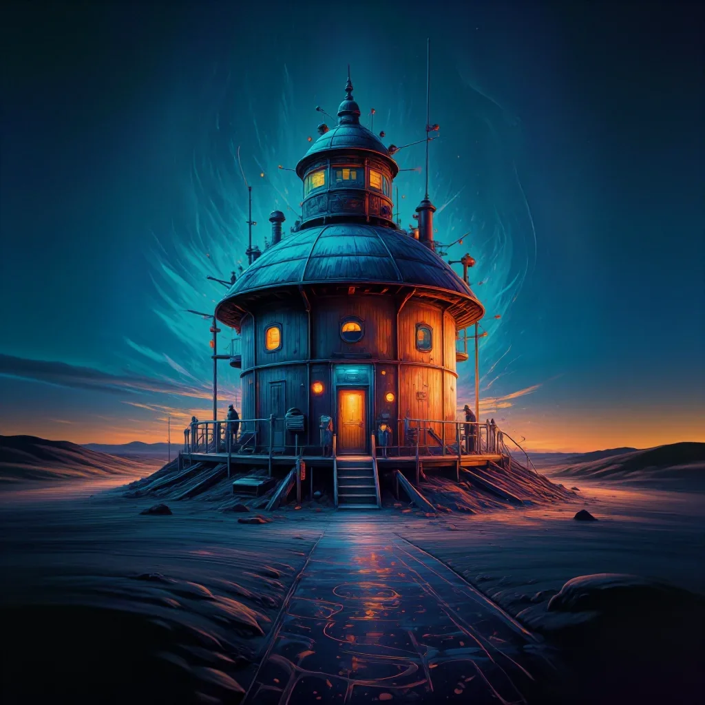 a desert research station at blue hour, Japanese woodblock-inspired editorial art, atmospheric depth, cobalt and amber p