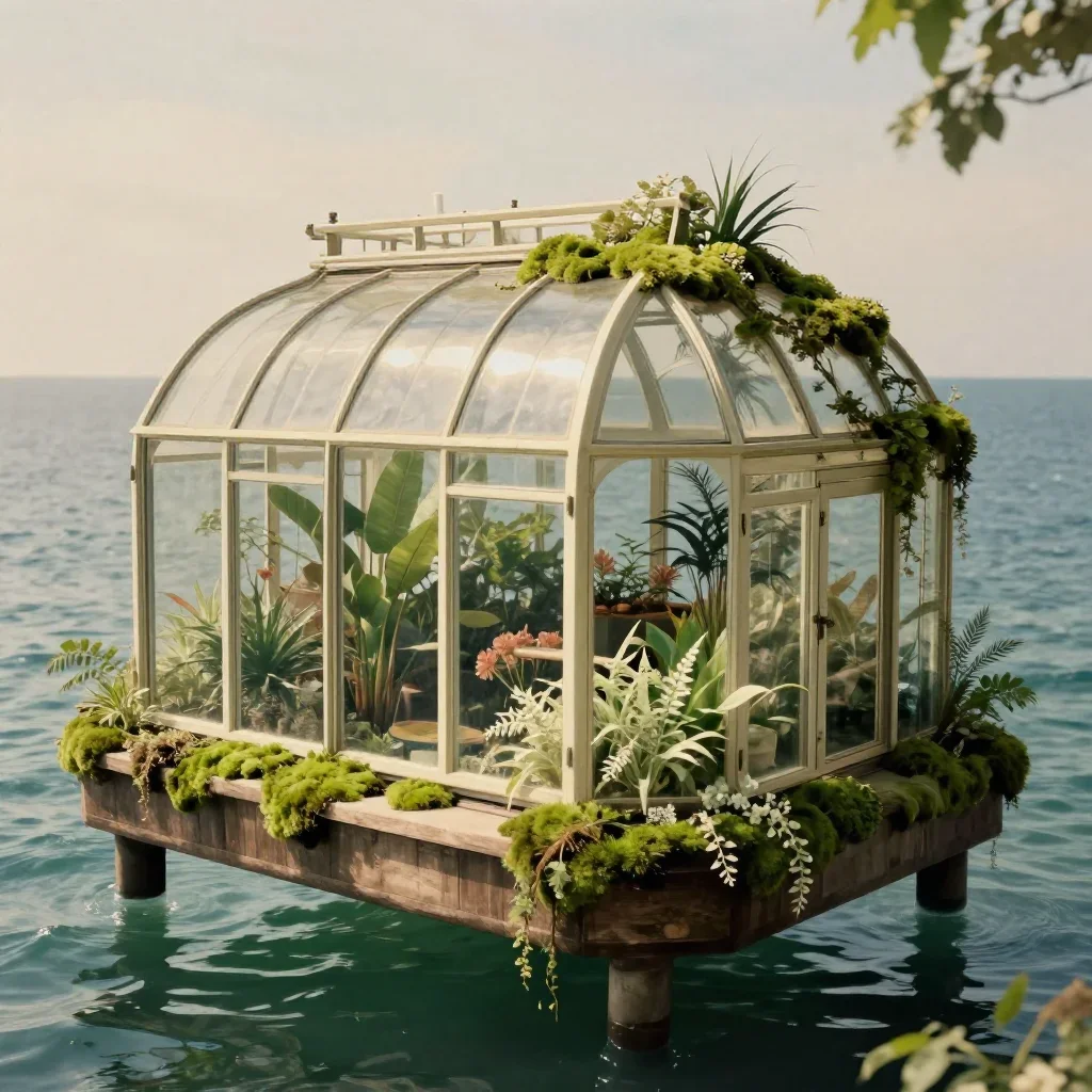 a floating botanical conservatory in a gentle sea breeze, museum-quality still-life photography, subtle film grain, moss