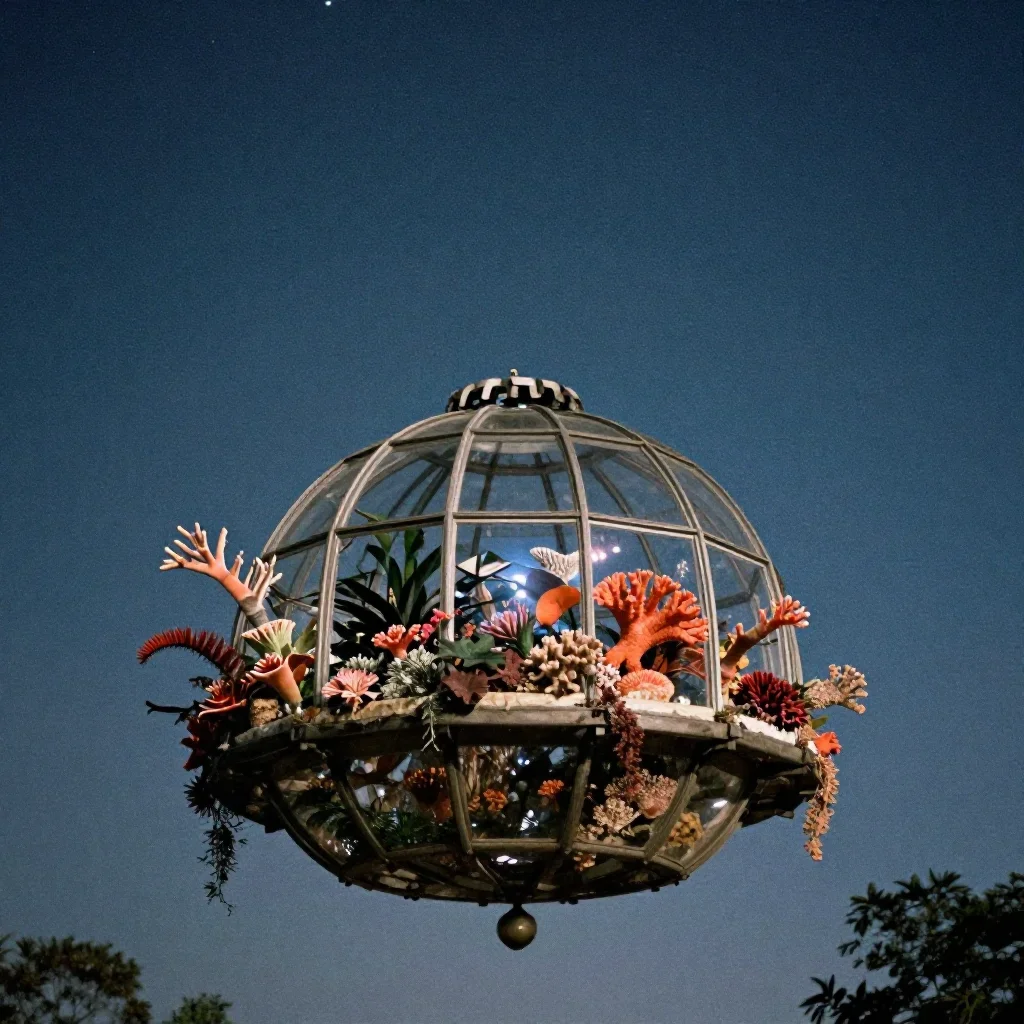 a floating botanical conservatory beneath a star-filled sky, soft-grain analog film photography, subtle film grain, cora